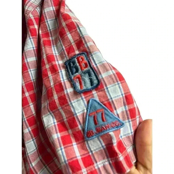 Bugle Boy Vintage Men's Large Plaid Denim Pocket Hawaiian Flowers Shirt 90s - Picture 2 of 9